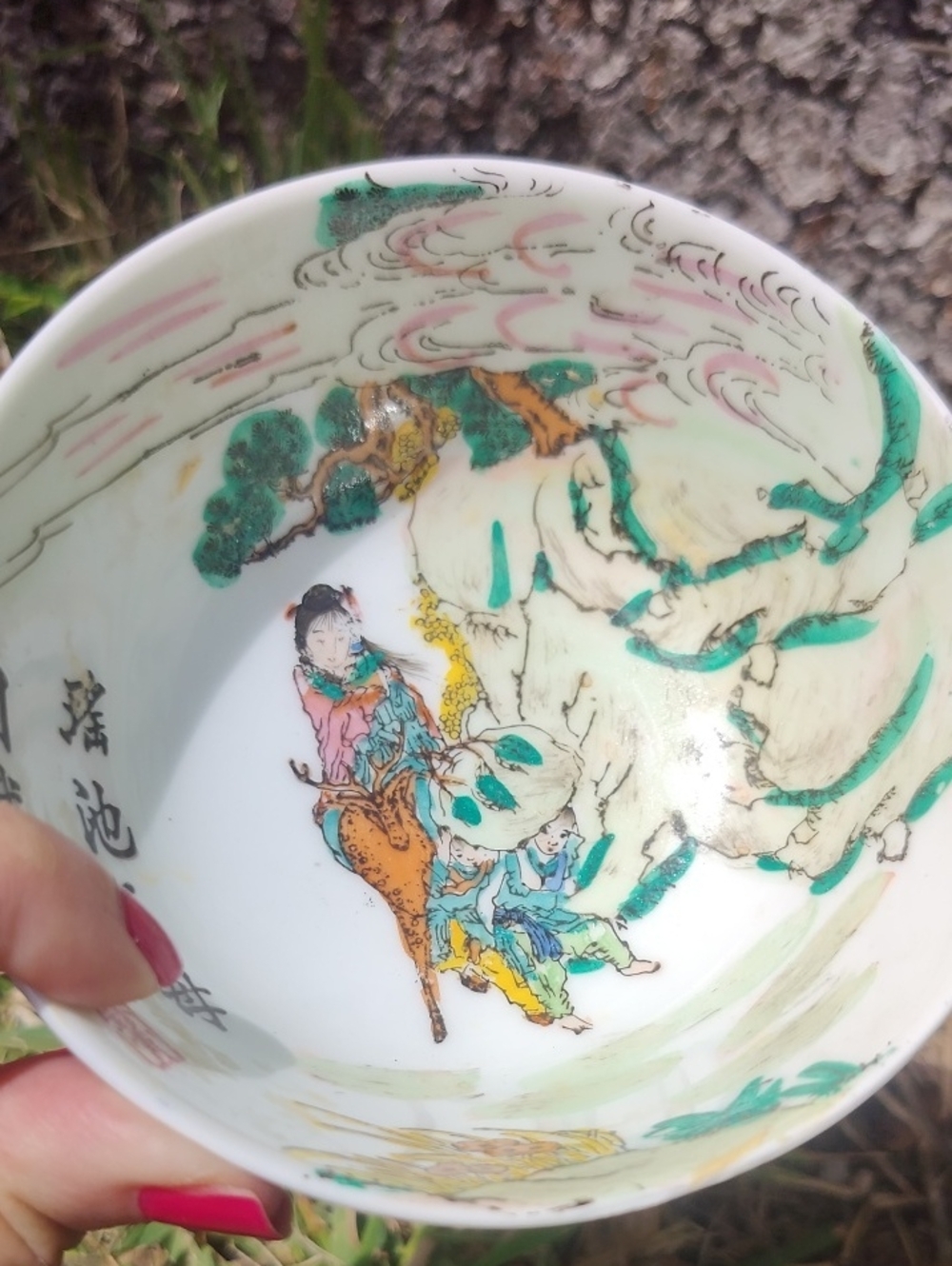 Vintage Hand-Painted Ceramic Home Art Bowl in White, Green and Pink
